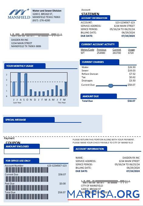 Printable USA Mansfield Texas business utility bill template in Word and PDF formats